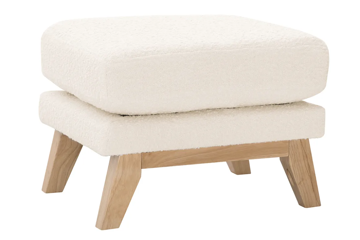 Miliboo Pouf|Pouf-Pouf repose-pieds déhoussable scandinave en tissu effet laine bouclée blanc cassé et bois clair OSLO