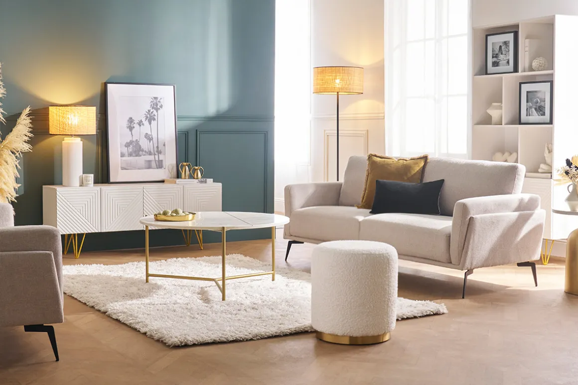 Miliboo Pouf|Pouf-Pouf rond en tissu effet laine bouclée blanc cassé et métal doré D40 cm AMAYA