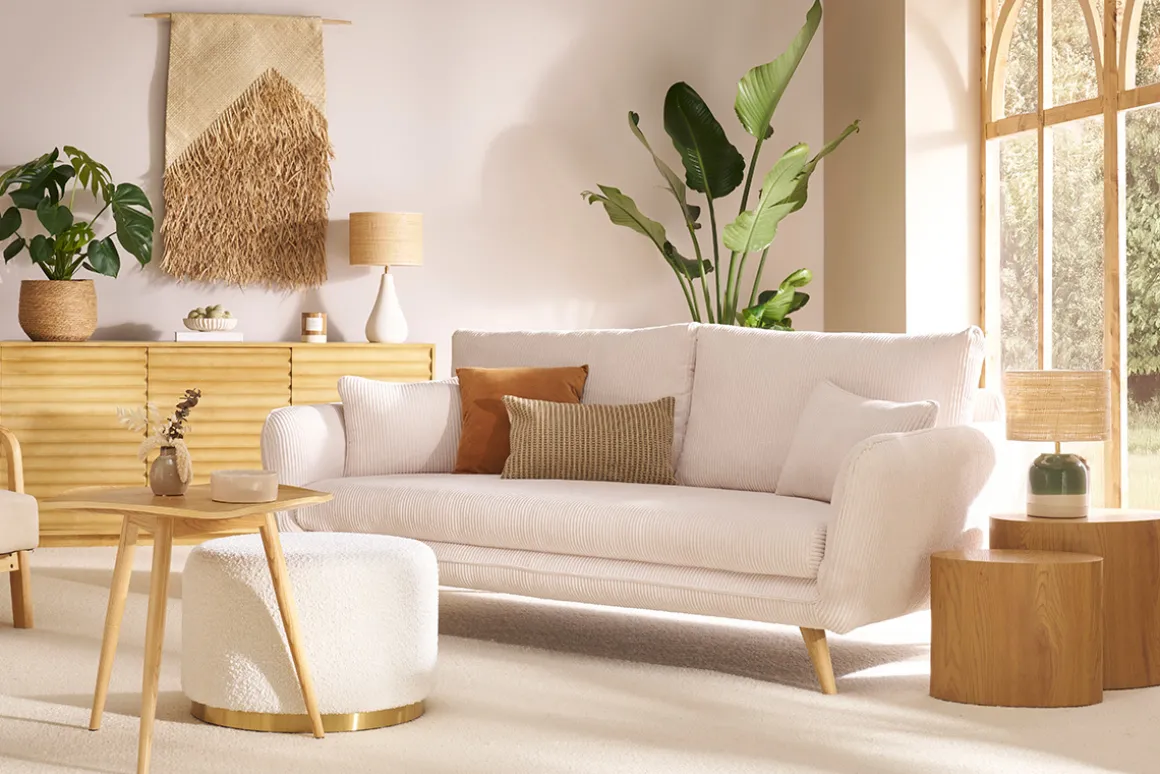 Miliboo Pouf|Pouf-Pouf rond en tissu effet laine bouclée blanc cassé et métal doré D54 cm AMAYA