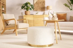 Miliboo Pouf|Pouf-Pouf rond en tissu effet laine bouclée blanc cassé et métal doré D54 cm AMAYA