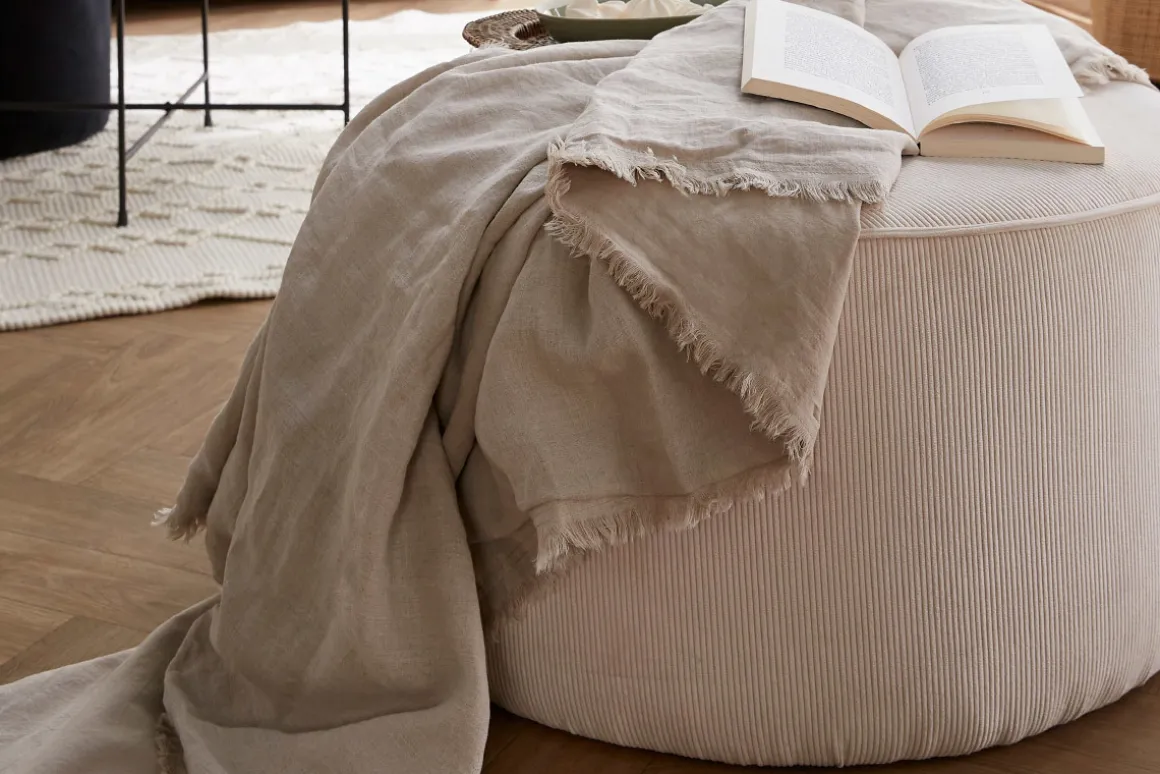 Miliboo Pouf|Pouf-Pouf rond en tissu velours côtelé écru D70 cm LOUIS