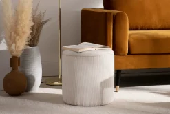 Miliboo Pouf|Pouf-Pouf rond en tissu velours côtelé écru D40 cm LOUIS