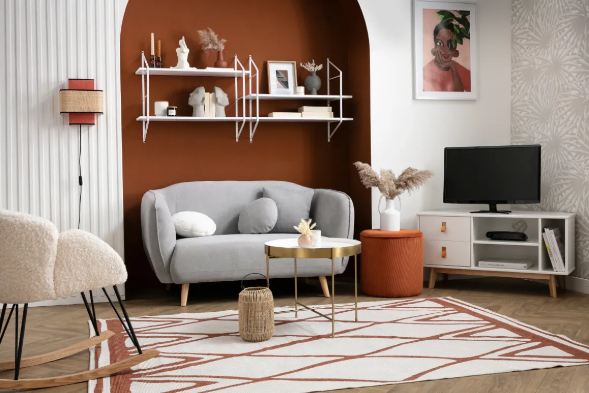 Miliboo Pouf|Pouf-Pouf rond en tissu velours côtelé terre brûlée D40 cm LOUIS