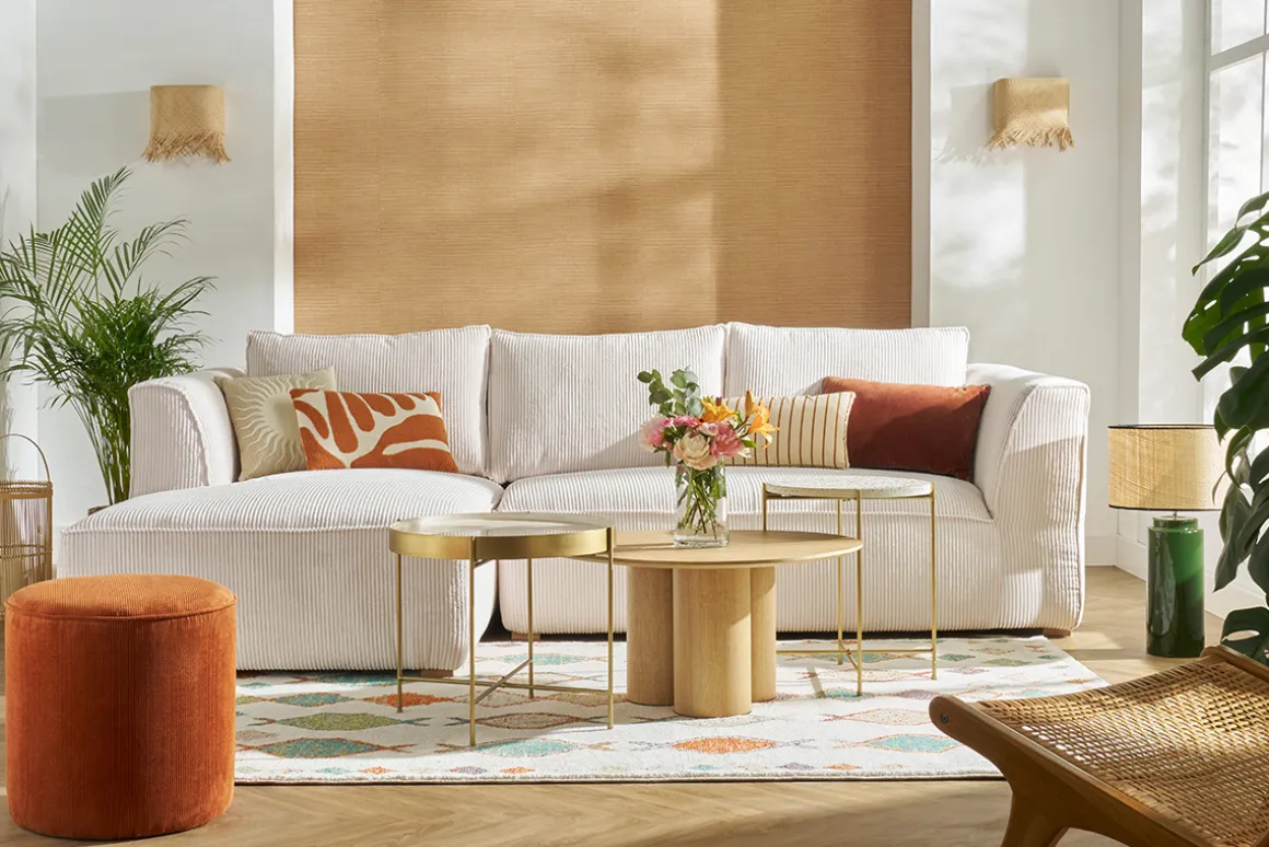 Miliboo Pouf|Pouf-Pouf rond en tissu velours côtelé terre brûlée D40 cm LOUIS