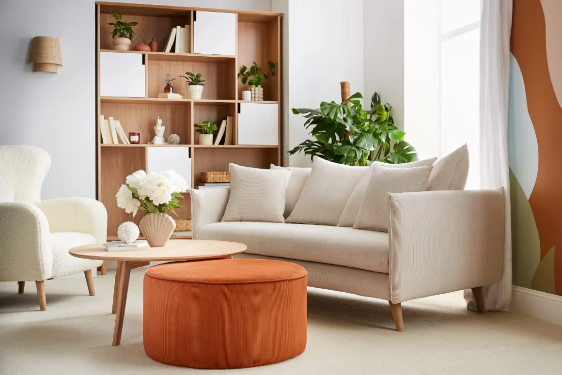 Miliboo Pouf|Pouf-Pouf rond en tissu velours côtelé terre brulée D70 cm LOUIS