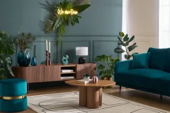 Miliboo Pouf|Pouf-Pouf rond en velours bleu pétrole et métal doré D40 cm JOY