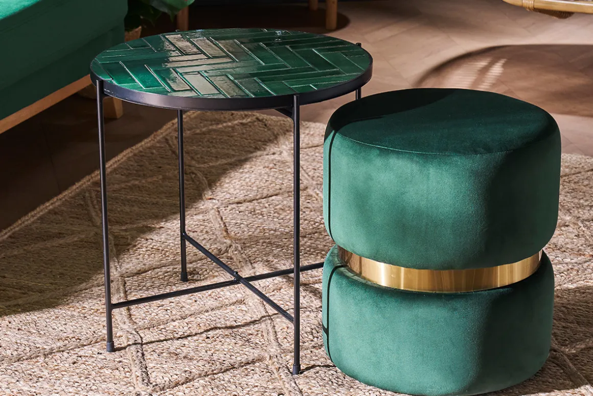 Miliboo Pouf|Pouf-Pouf rond en velours vert foncé et métal doré D40 cm JOY