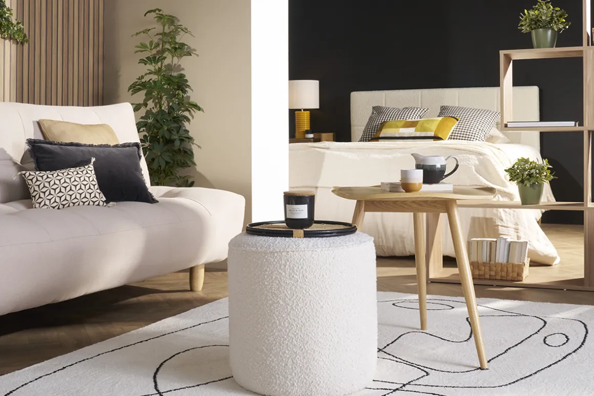 Miliboo Pouf|Pouf-Pouf scandinave rond en tissu effet laine bouclée blanc cassé D40 cm MERIBEL