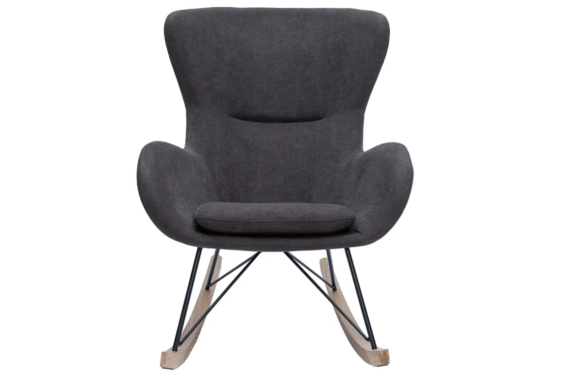 Miliboo Rocking Chair|Voir Tous Les Fauteuils-Rocking chair design en tissu effet velours gris foncé, métal noir et bois clair ESKUA