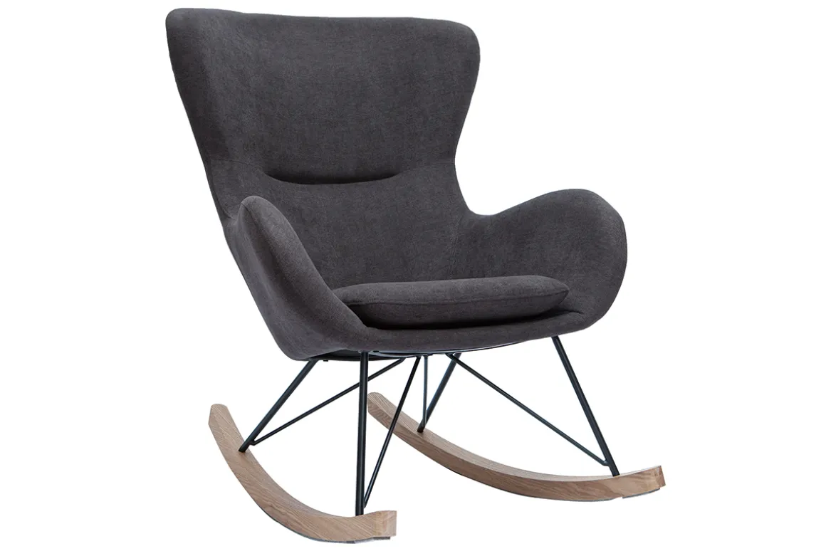 Miliboo Rocking Chair|Voir Tous Les Fauteuils-Rocking chair design en tissu effet velours gris foncé, métal noir et bois clair ESKUA