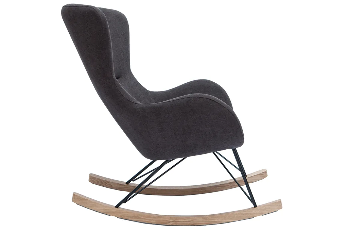 Miliboo Rocking Chair|Voir Tous Les Fauteuils-Rocking chair design en tissu effet velours gris foncé, métal noir et bois clair ESKUA