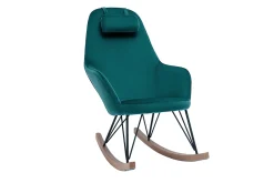 Miliboo Rocking Chair|Voir Tous Les Fauteuils-Rocking chair design en tissu velours bleu canard, métal noir et bois clair JHENE