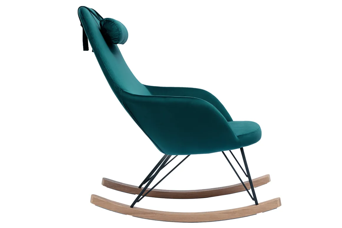 Miliboo Rocking Chair|Voir Tous Les Fauteuils-Rocking chair design en tissu velours bleu canard, métal noir et bois clair JHENE