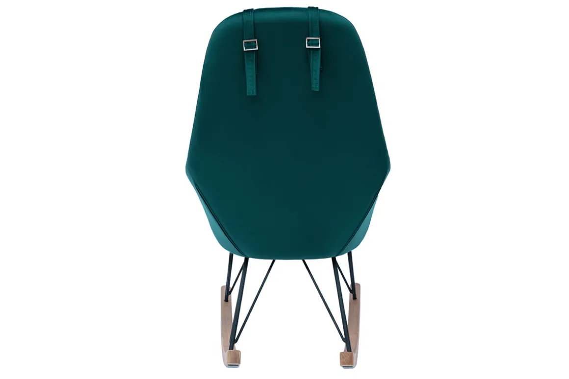Miliboo Rocking Chair|Voir Tous Les Fauteuils-Rocking chair design en tissu velours bleu canard, métal noir et bois clair JHENE
