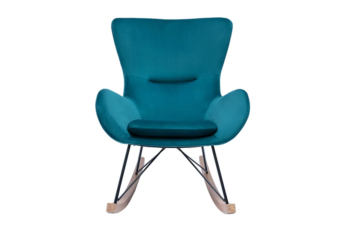 Miliboo Rocking Chair|Voir Tous Les Fauteuils-Rocking chair design en tissu velours gaufré bleu canard, métal noir et bois clair ESKUA