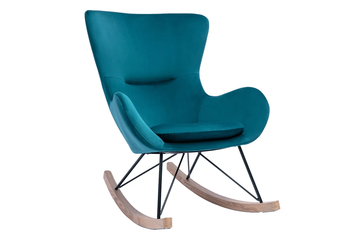 Miliboo Rocking Chair|Voir Tous Les Fauteuils-Rocking chair design en tissu velours gaufré bleu canard, métal noir et bois clair ESKUA