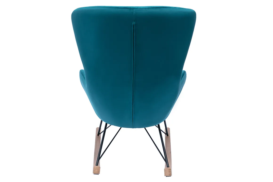 Miliboo Rocking Chair|Voir Tous Les Fauteuils-Rocking chair design en tissu velours gaufré bleu canard, métal noir et bois clair ESKUA