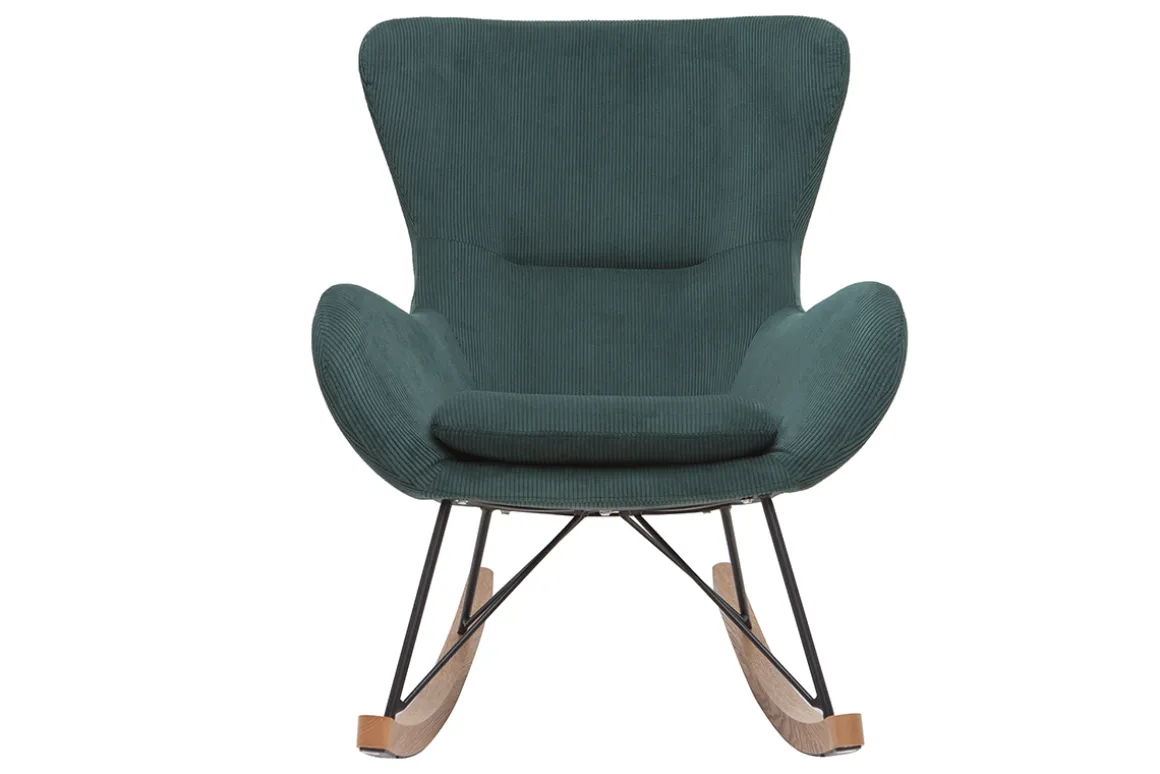 Miliboo Rocking Chair|Voir Tous Les Fauteuils-Rocking chair design en tissu velours côtelé vert, métal noir et bois clair ESKUA