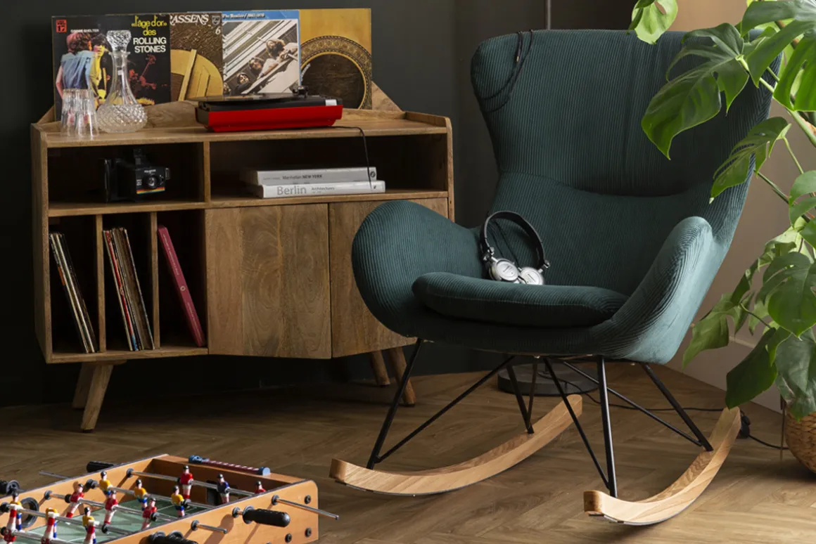 Miliboo Rocking Chair|Voir Tous Les Fauteuils-Rocking chair design en tissu velours côtelé vert, métal noir et bois clair ESKUA