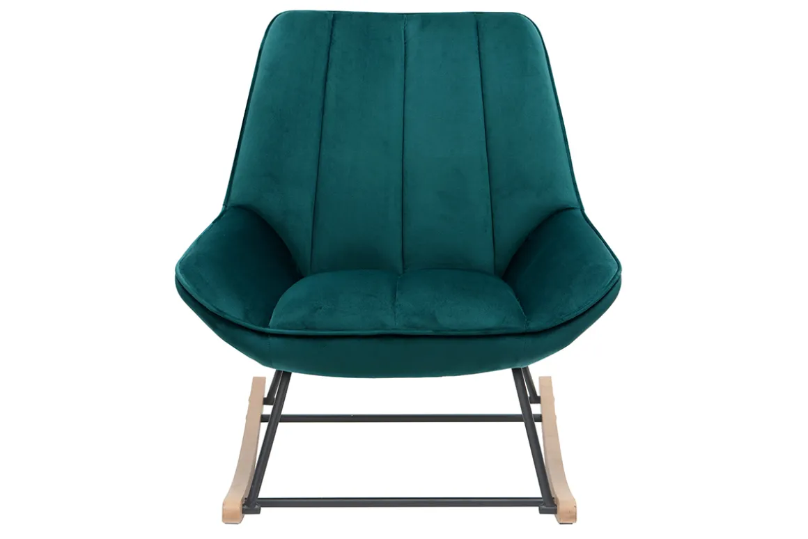 Miliboo Rocking Chair|Voir Tous Les Fauteuils-Rocking chair design en tissu velours bleu pétrole, métal noir et bois clair BILLIE