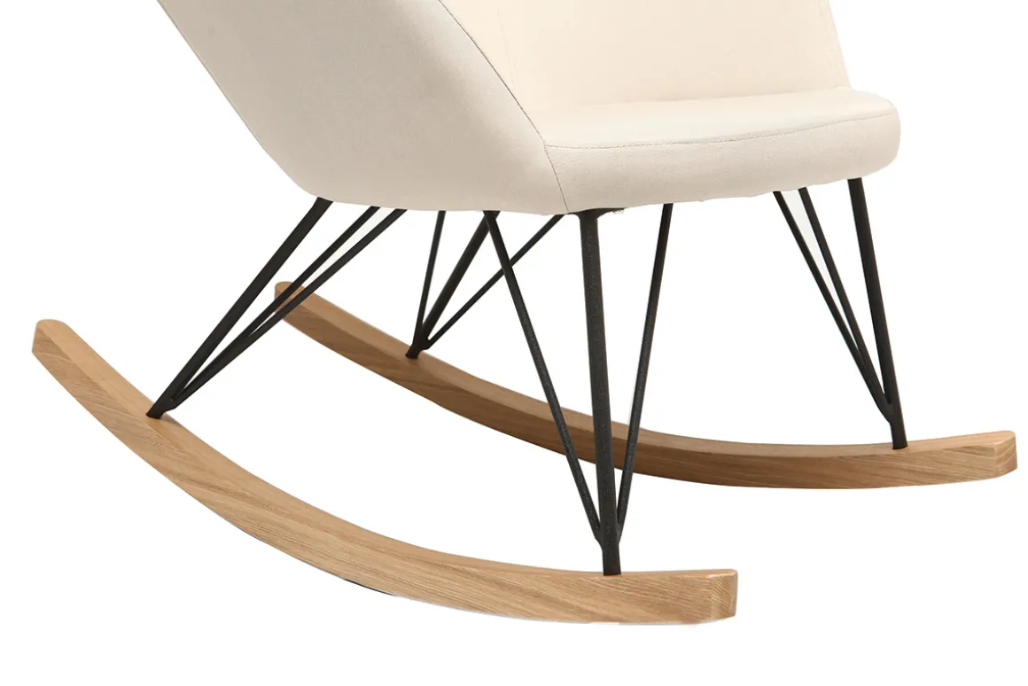Miliboo Rocking Chair|Voir Tous Les Fauteuils-Rocking chair en tissu beige crème, bois clair et métal noir JHENE