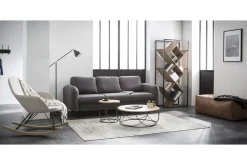 Miliboo Rocking Chair|Voir Tous Les Fauteuils-Rocking chair en tissu beige crème, bois clair et métal noir JHENE