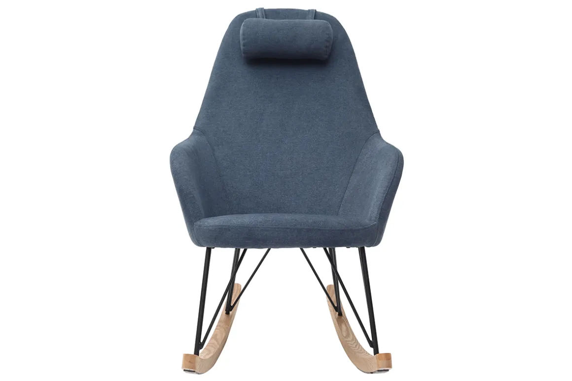 Miliboo Rocking Chair|Voir Tous Les Fauteuils-Rocking chair en tissu effet velours bleu, métal noir et bois clair JHENE
