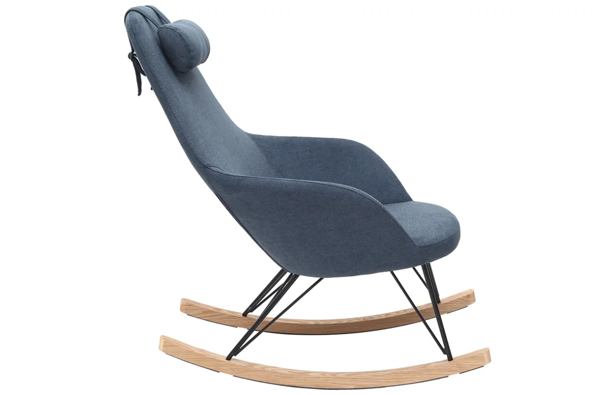 Miliboo Rocking Chair|Voir Tous Les Fauteuils-Rocking chair en tissu effet velours bleu, métal noir et bois clair JHENE