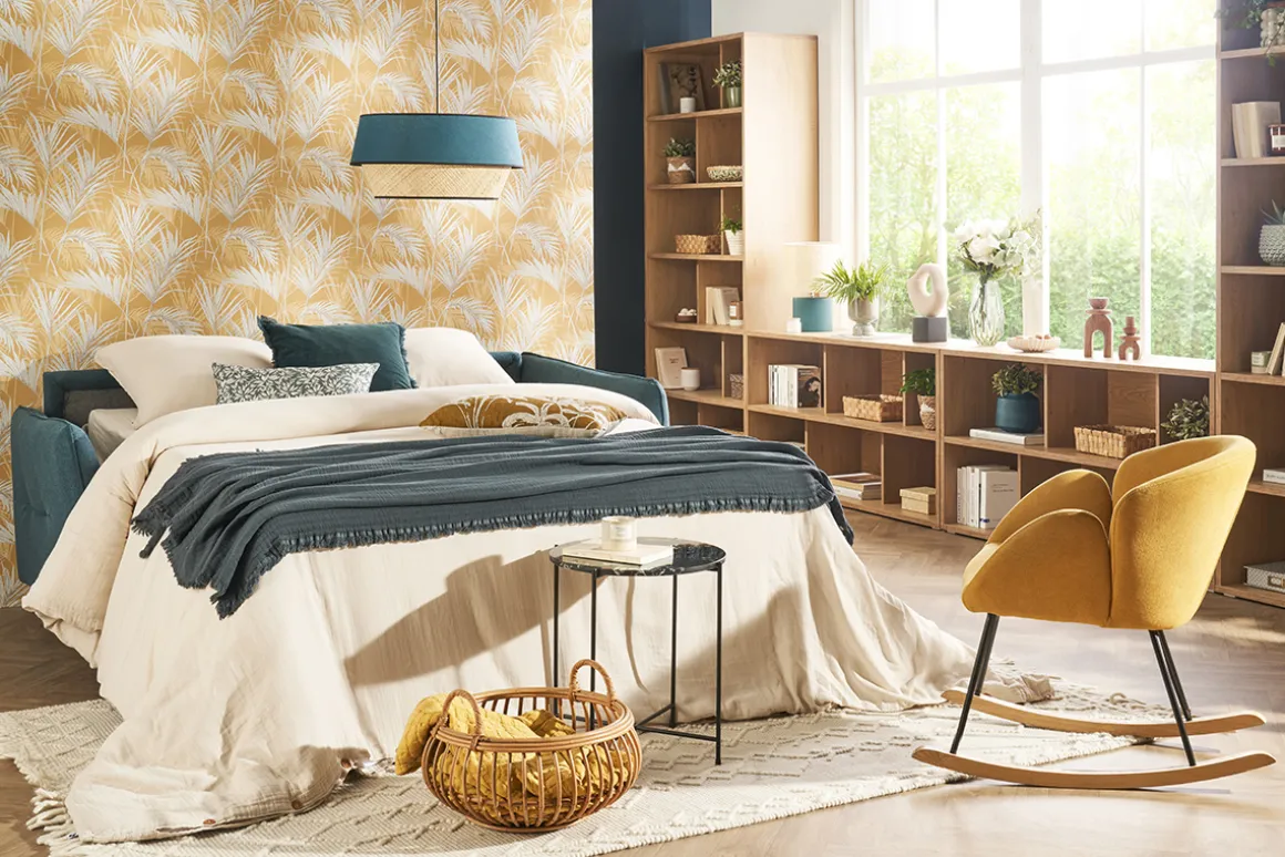 Miliboo Rocking Chair|Voir Tous Les Fauteuils-Rocking chair en tissu effet velours jaune moutarde, métal noir et bois clair RHAPSODY