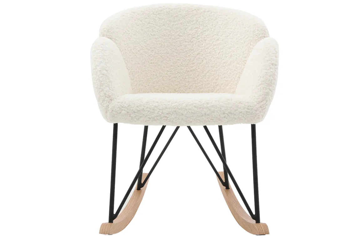 Miliboo Rocking Chair|Voir Tous Les Fauteuils-Rocking chair en tissu effet peau de mouton blanc, métal noir et bois clair RHAPSODY