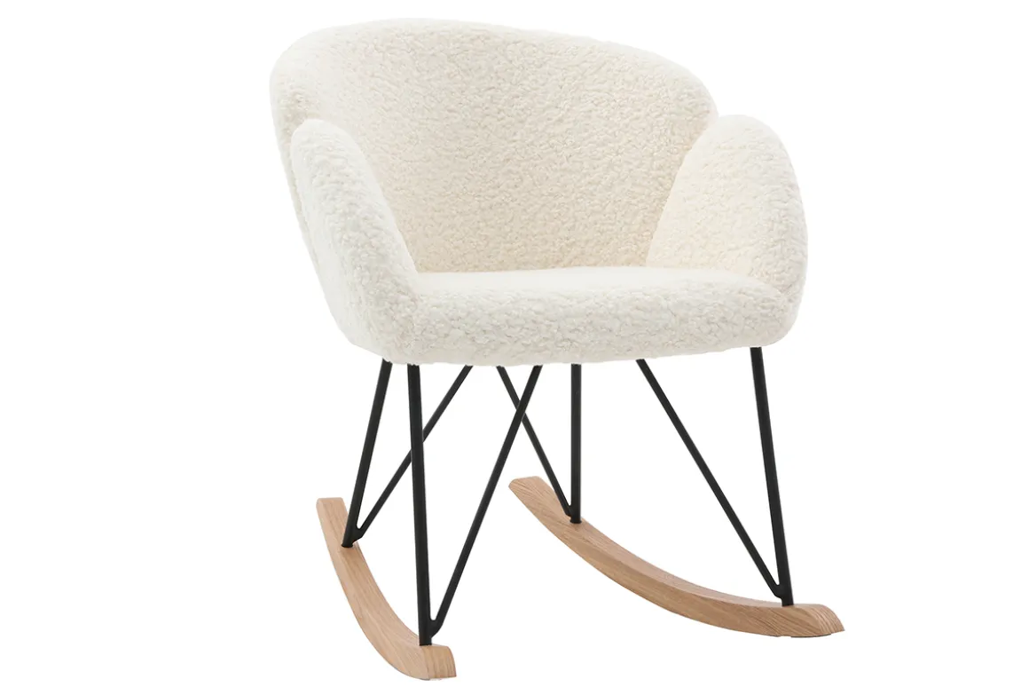 Miliboo Rocking Chair|Voir Tous Les Fauteuils-Rocking chair en tissu effet peau de mouton blanc, métal noir et bois clair RHAPSODY