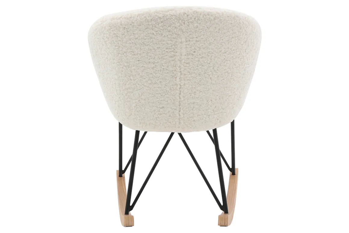 Miliboo Rocking Chair|Voir Tous Les Fauteuils-Rocking chair en tissu effet peau de mouton blanc, métal noir et bois clair RHAPSODY