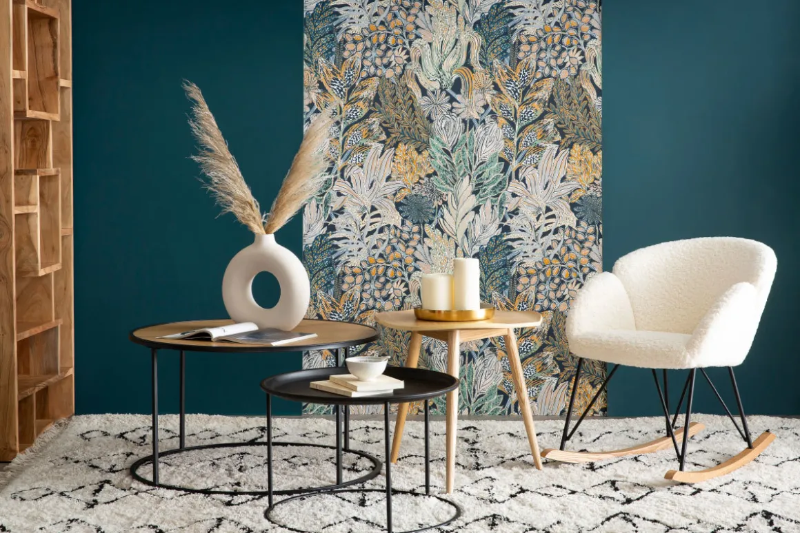 Miliboo Rocking Chair|Voir Tous Les Fauteuils-Rocking chair en tissu effet peau de mouton blanc, métal noir et bois clair RHAPSODY