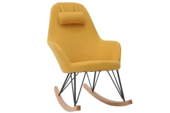 Miliboo Rocking Chair|Voir Tous Les Fauteuils-Rocking chair scandinave en tissu effet velours jaune moutarde, métal noir et bois clair JHENE