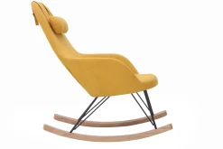 Miliboo Rocking Chair|Voir Tous Les Fauteuils-Rocking chair scandinave en tissu effet velours jaune moutarde, métal noir et bois clair JHENE