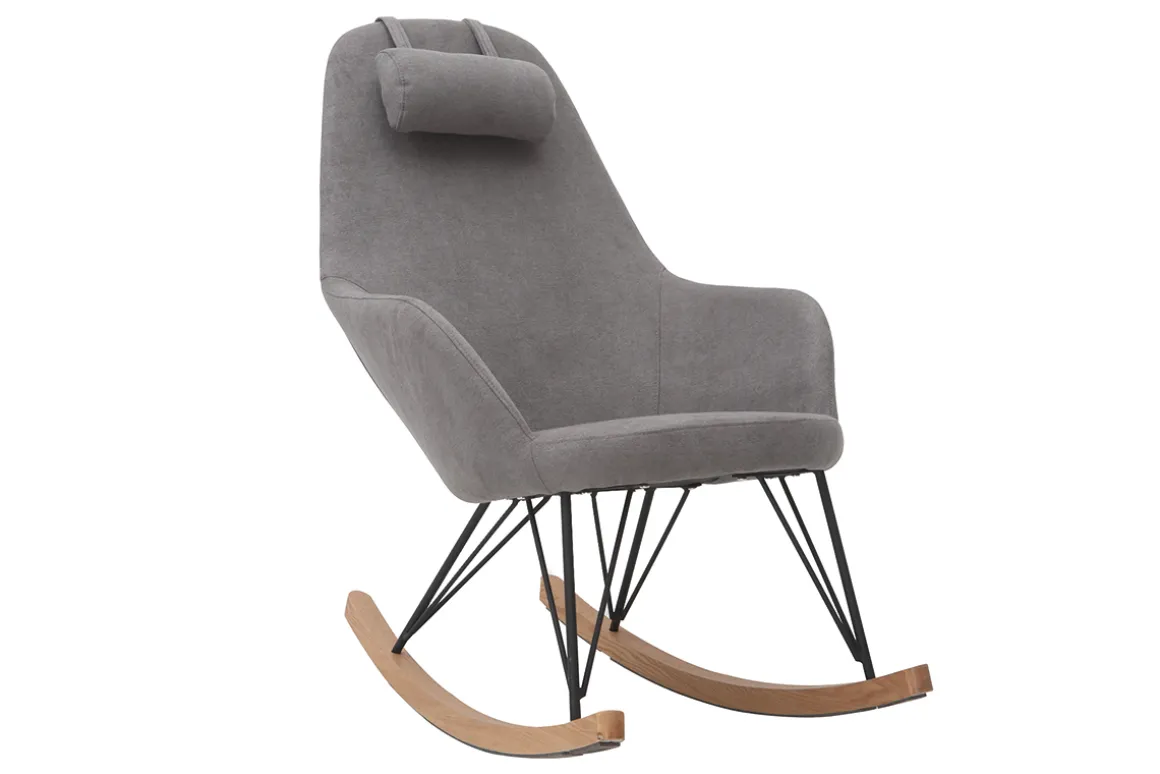 Miliboo Rocking Chair|Voir Tous Les Fauteuils-Rocking chair scandinave en tissu effet velours gris, métal noir et bois clair JHENE