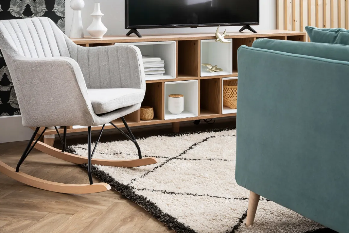 Miliboo Rocking Chair|Voir Tous Les Fauteuils-Rocking chair scandinave en tissu gris clair, métal noir et bois clair ALEYNA