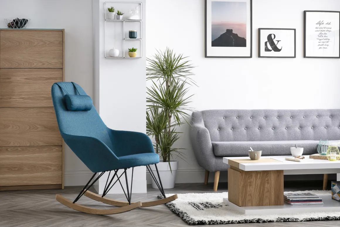 Miliboo Rocking Chair|Voir Tous Les Fauteuils-Rocking chair scandinave en tissu bleu canard, métal noir et bois clair JHENE