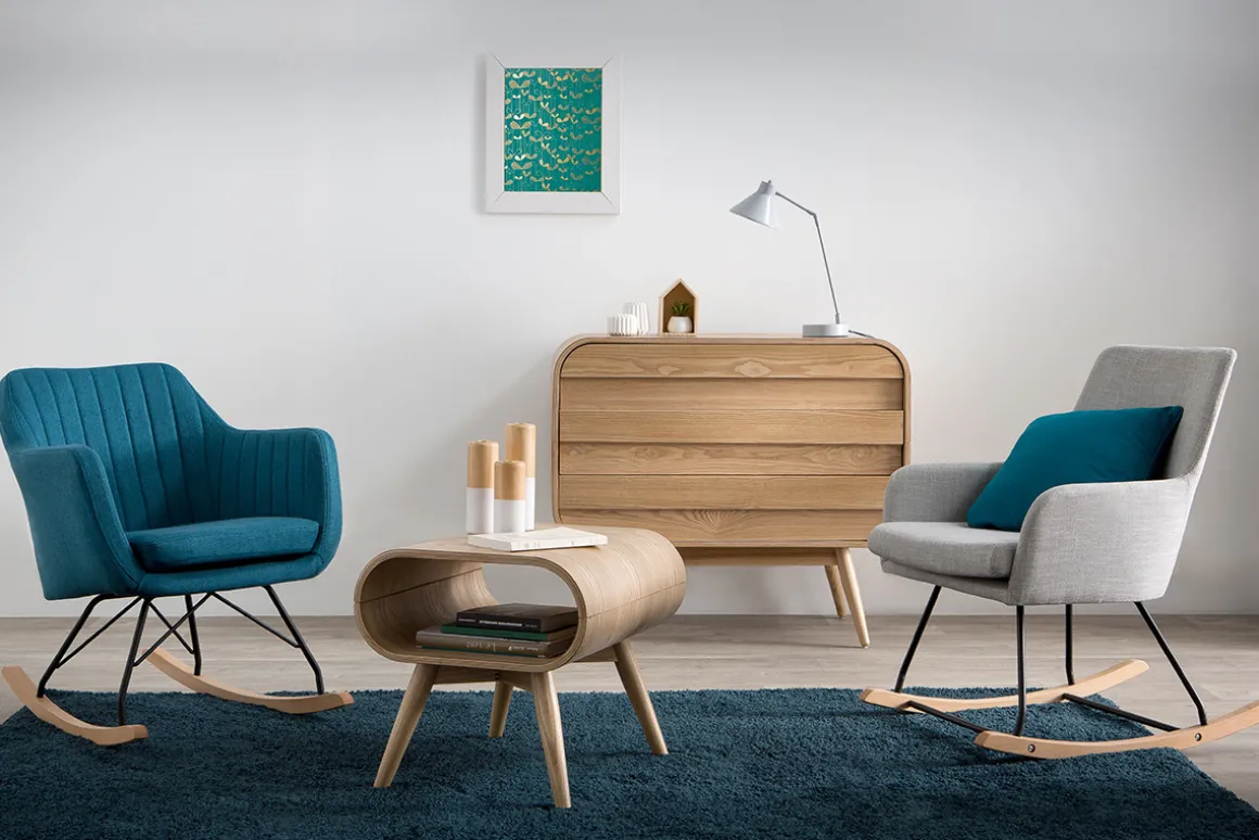 Miliboo Rocking Chair|Voir Tous Les Fauteuils-Rocking chair scandinave en tissu menthe à l'eau, métal noir et bois clair ALEYNA