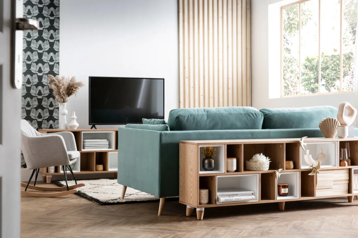 Miliboo Rocking Chair|Voir Tous Les Fauteuils-Rocking chair scandinave en tissu menthe à l'eau, métal noir et bois clair ALEYNA