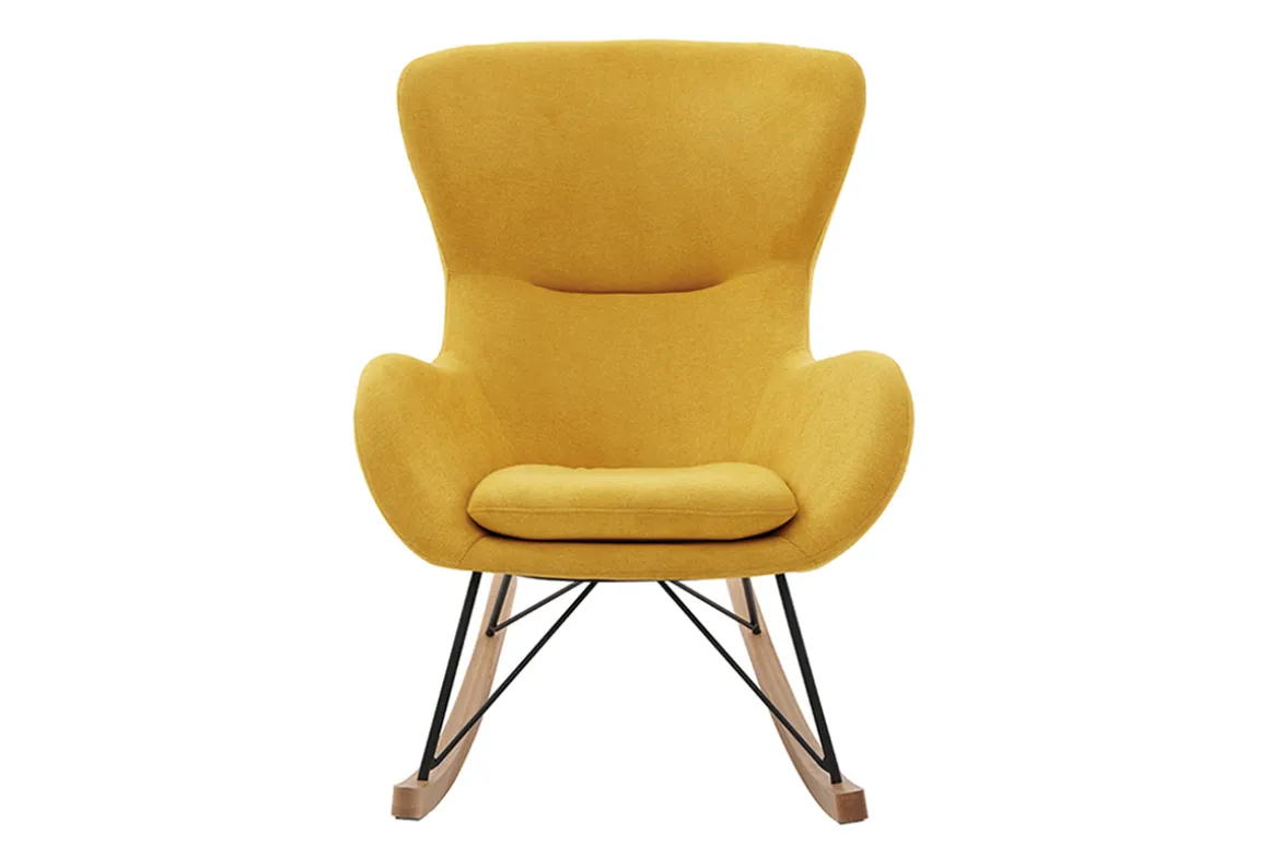 Miliboo Rocking Chair|Voir Tous Les Fauteuils-Rocking chair scandinave en tissu effet velours jaune moutarde, métal noir et bois clair ESKUA