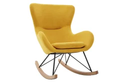 Miliboo Rocking Chair|Voir Tous Les Fauteuils-Rocking chair scandinave en tissu effet velours jaune moutarde, métal noir et bois clair ESKUA