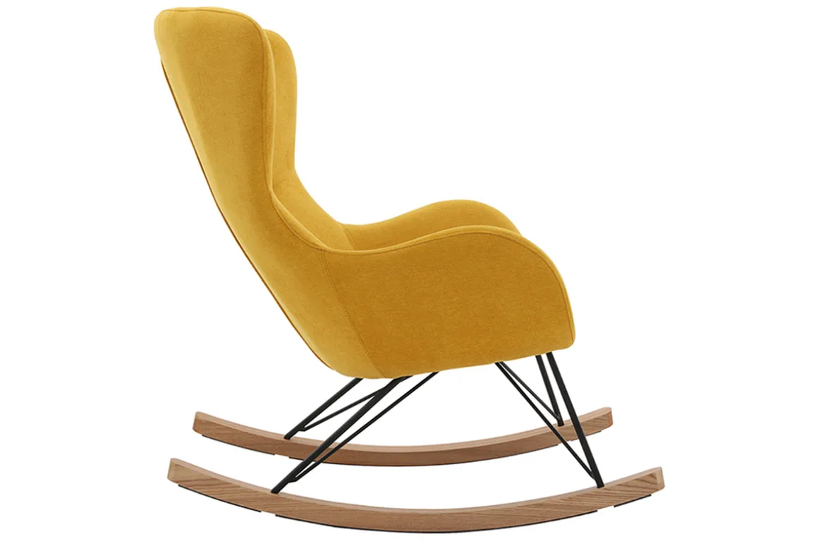 Miliboo Rocking Chair|Voir Tous Les Fauteuils-Rocking chair scandinave en tissu effet velours jaune moutarde, métal noir et bois clair ESKUA