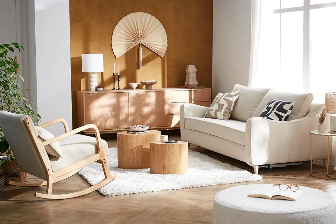 Miliboo Rocking Chair|Voir Tous Les Fauteuils-Rocking chair scandinave en tissu effet velours beige et bois clair massif DERRY