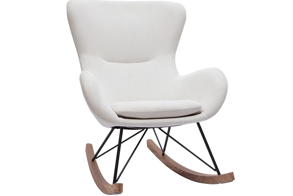 Miliboo Rocking Chair|Voir Tous Les Fauteuils-Rocking chair scandinave en tissu velours côtelé beige, métal noir et bois clair ESKUA