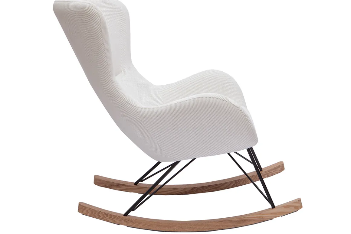 Miliboo Rocking Chair|Voir Tous Les Fauteuils-Rocking chair scandinave en tissu velours côtelé beige, métal noir et bois clair ESKUA