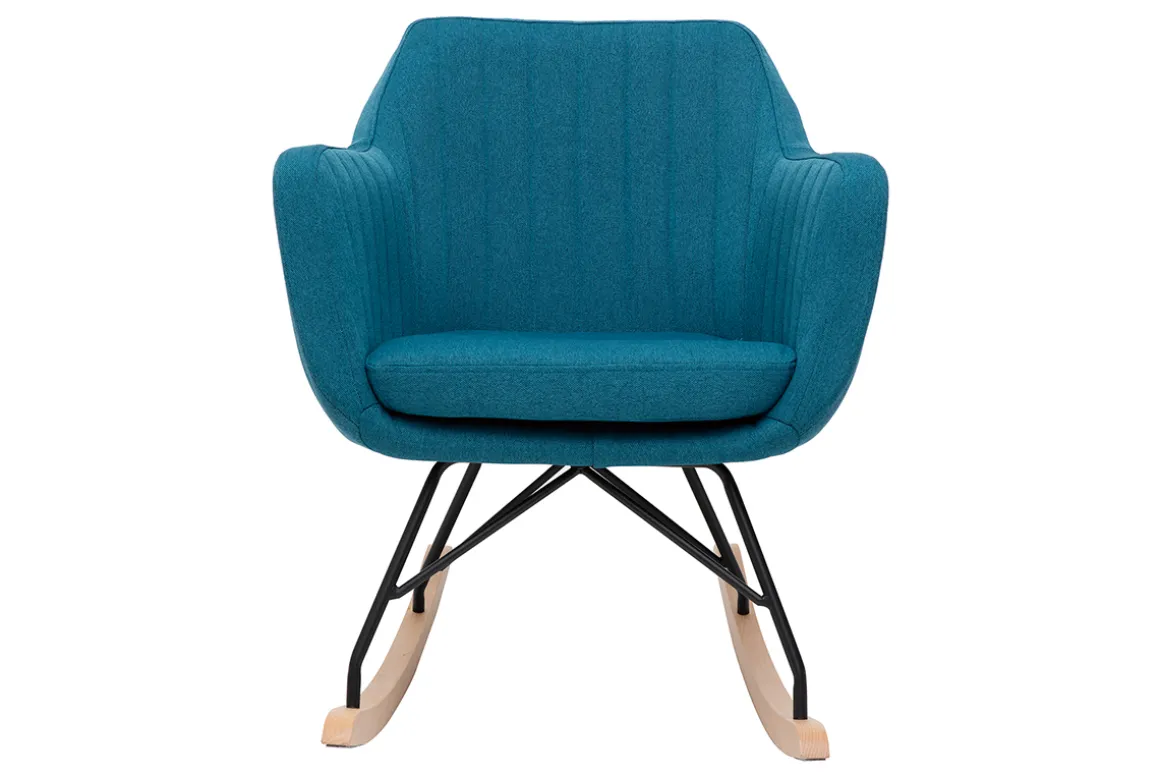 Miliboo Rocking Chair|Voir Tous Les Fauteuils-Rocking chair scandinave en tissu bleu canard, métal noir et bois clair ALEYNA