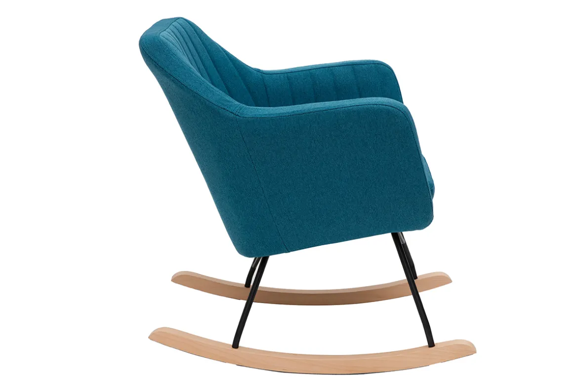 Miliboo Rocking Chair|Voir Tous Les Fauteuils-Rocking chair scandinave en tissu bleu canard, métal noir et bois clair ALEYNA