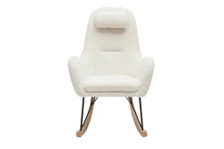 Miliboo Rocking Chair|Voir Tous Les Fauteuils-Rocking chair scandinave en tissu effet peau de mouton blanc, métal noir et bois clair MANIA