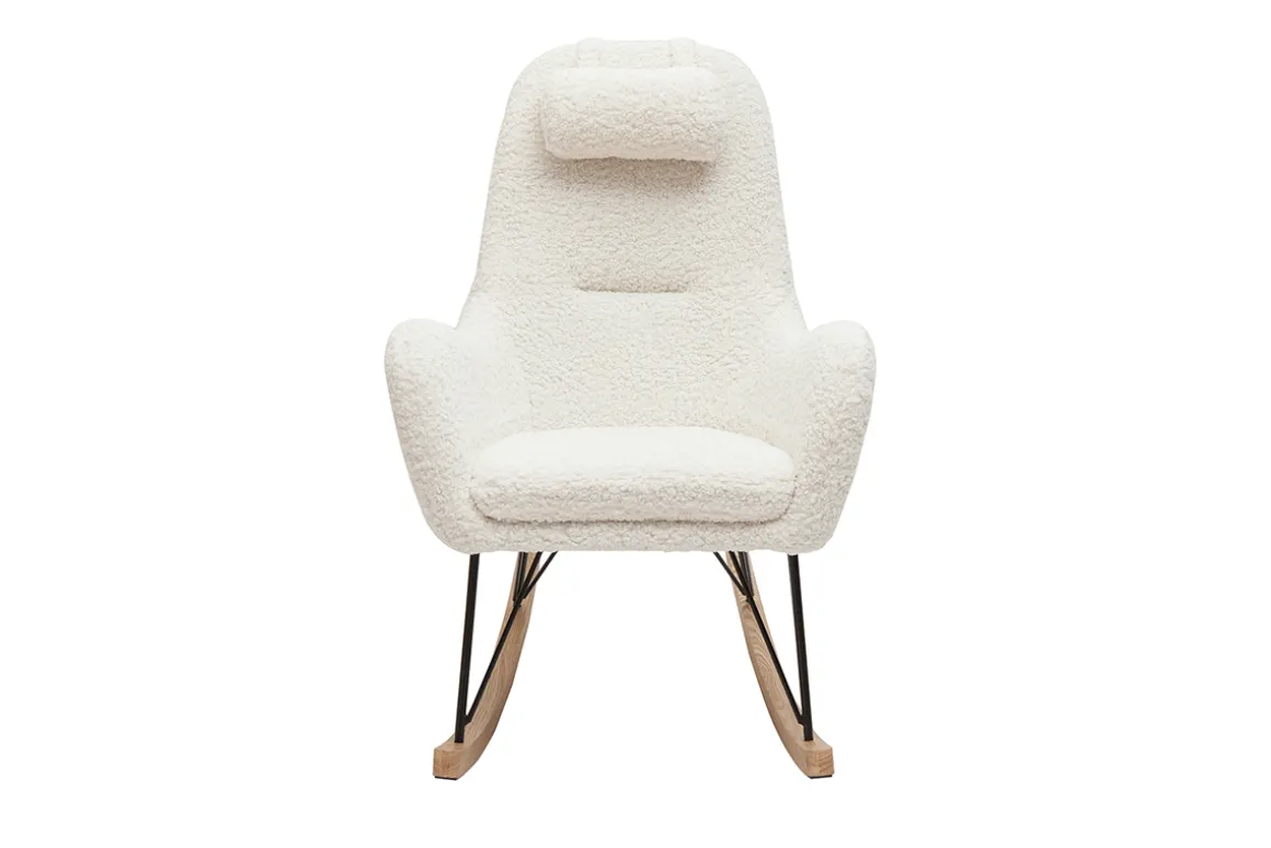 Miliboo Rocking Chair|Voir Tous Les Fauteuils-Rocking chair scandinave en tissu effet peau de mouton blanc, métal noir et bois clair MANIA